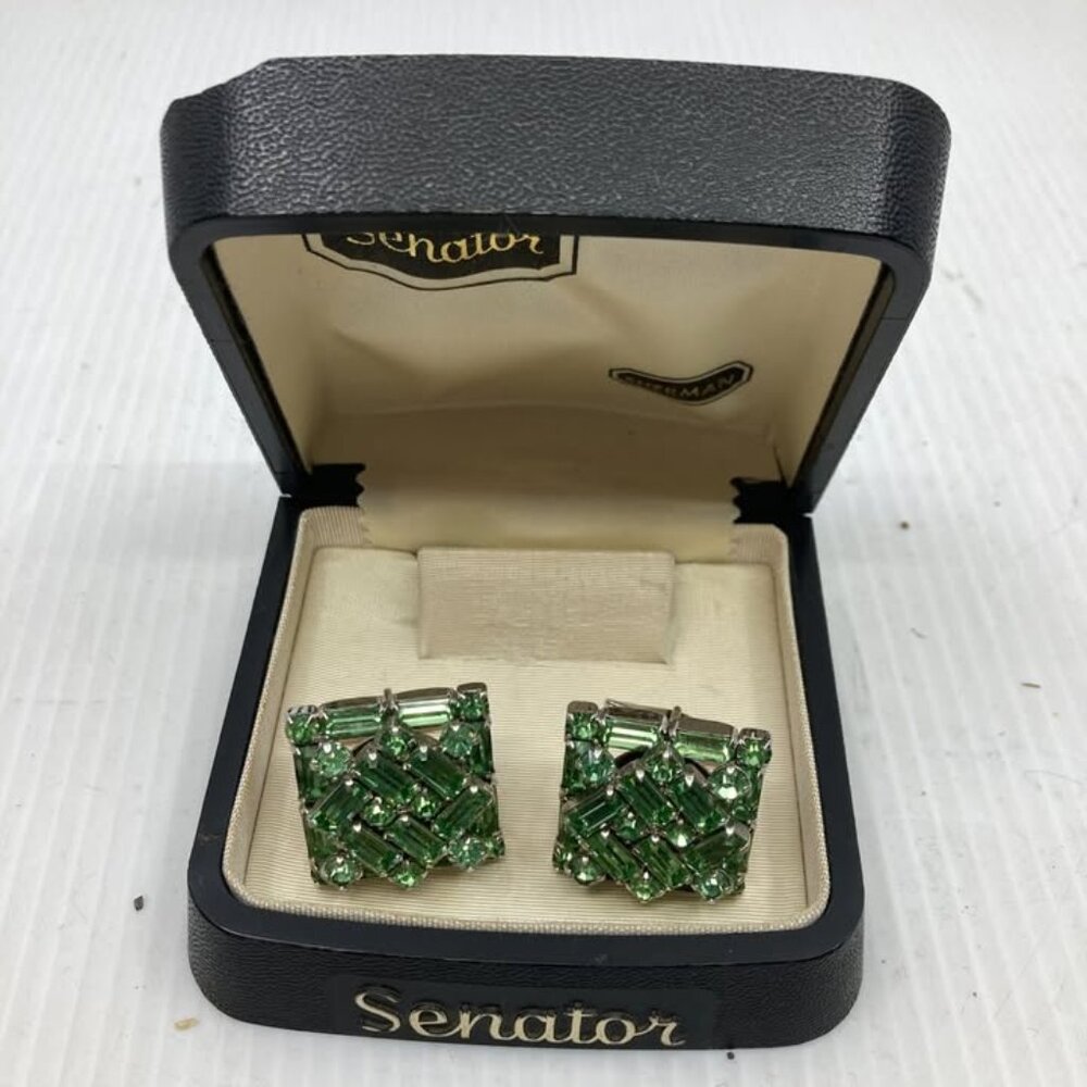 Vtg SHERMAN SENATOR green crystal rhinestone cufflinks with original box